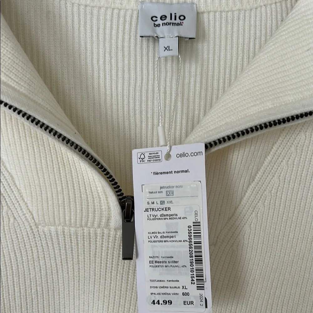 Celio Men's Quarter Zip Sweater NWT, off white/cream - Picture 2 of 4